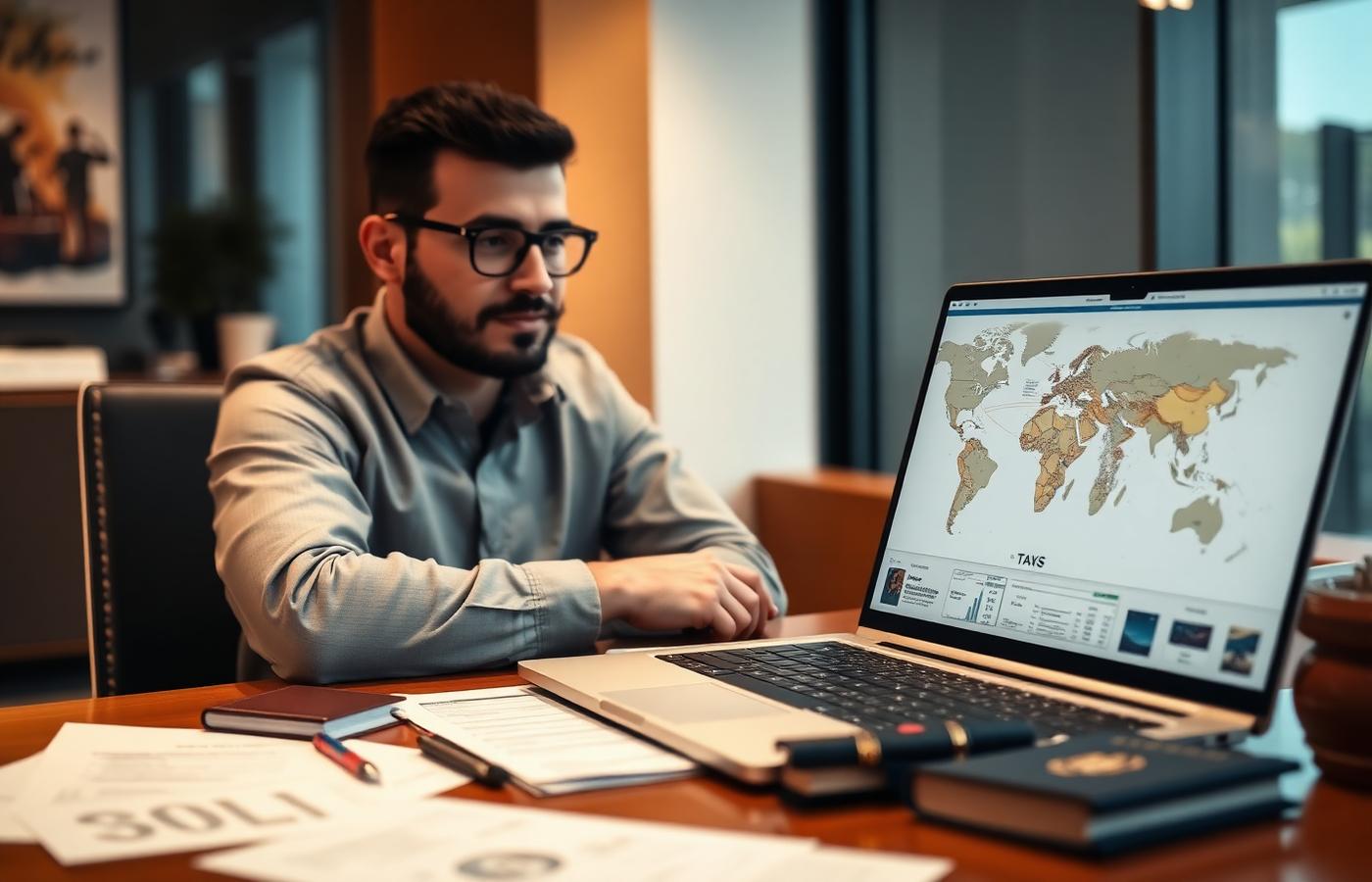 International business owner reviewing US tax filings with a world map