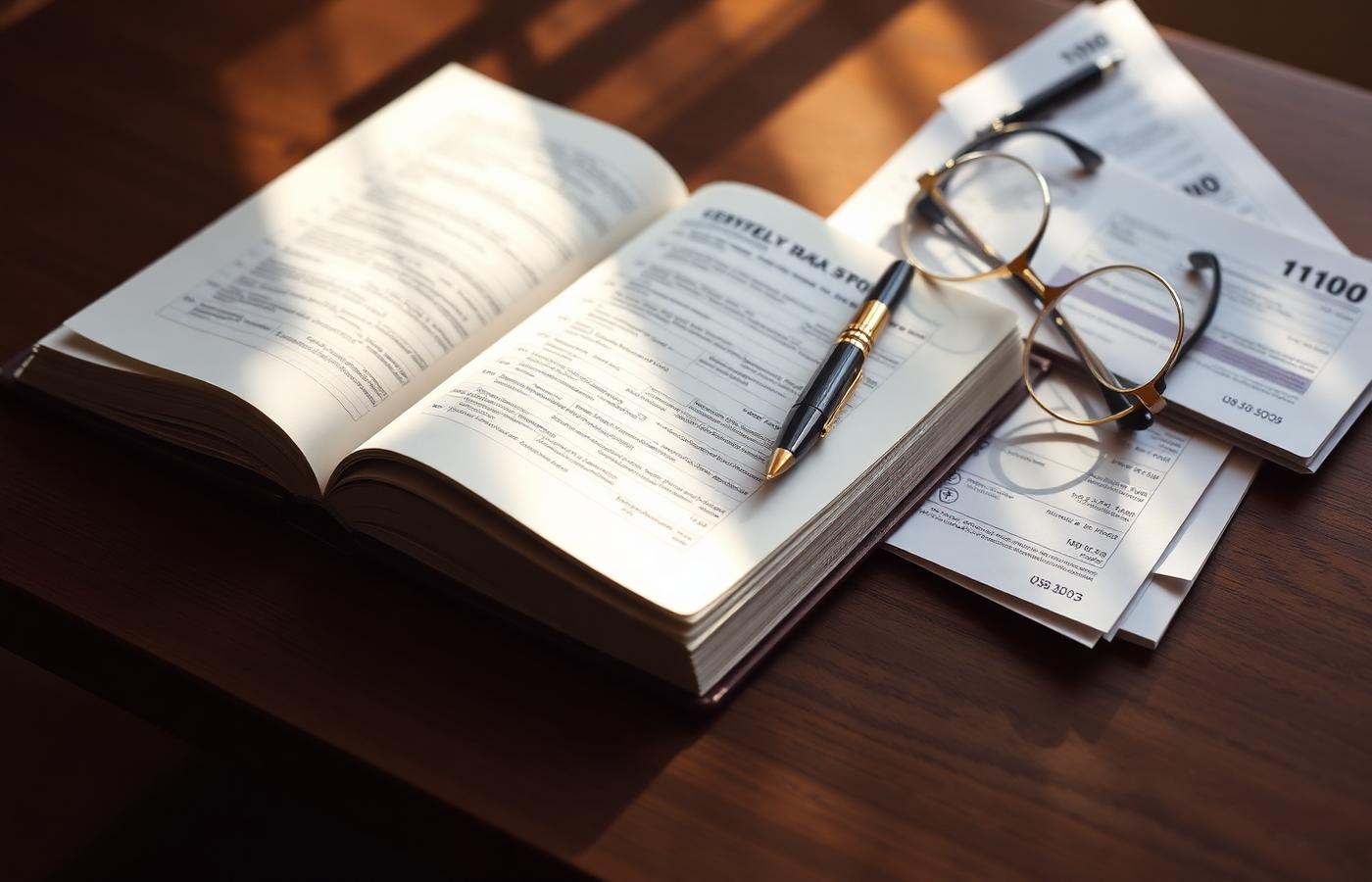 Open ledger, fountain pen and IRS tax forms on a walnut desk in warm morning light